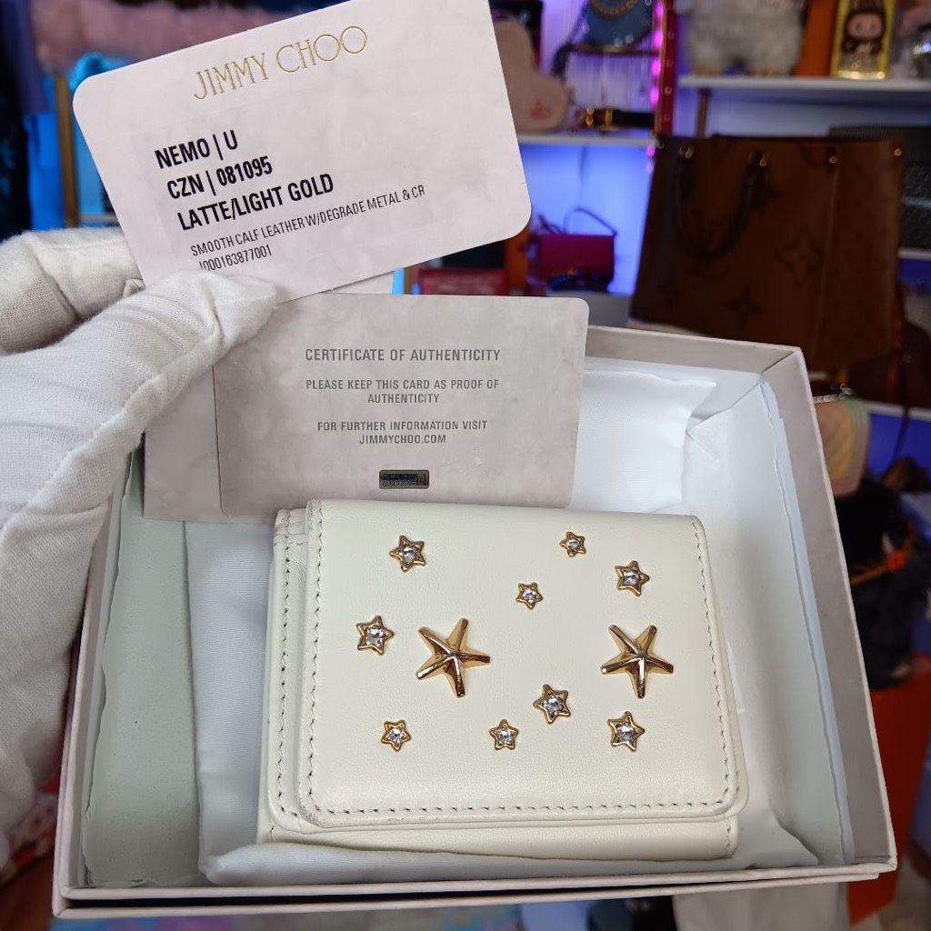 Jimmy Choo White/Latte Leather Nemo Star-Stud Embellished Wallet Full Set